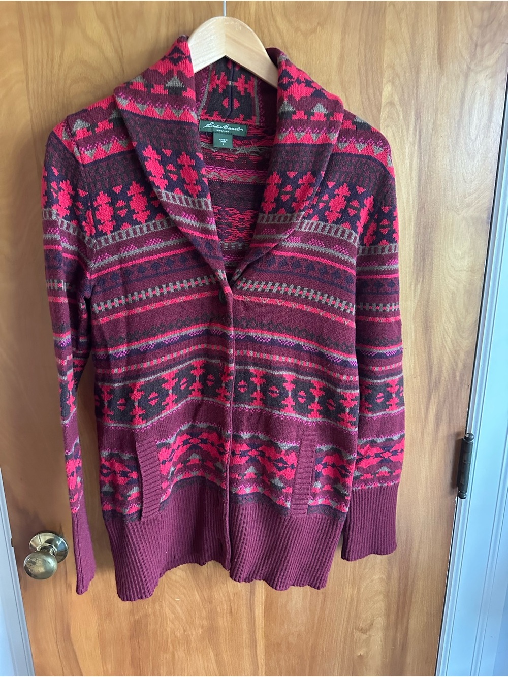 Women’s Eddie Bauer Red and burgundy Multi Fair Isle Shawl Collar Cardigan